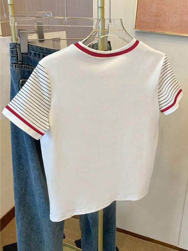 Women's Casual Striped Patchwork Short Sleeve T-Shirt, Summer