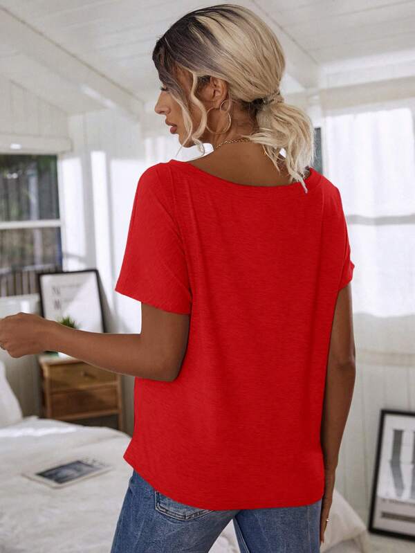 Women's summer solid color bat sleeve short sleeve asymmetrical neckline casual T-shirt New Year clothes