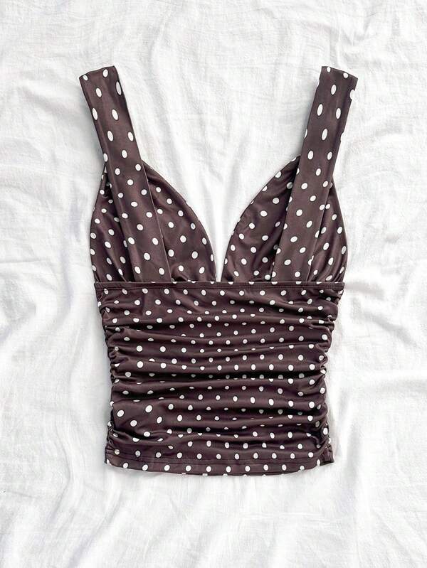 Women's elegant holiday polka-dot knitted fabric twisted shoulder strap pleated slim-fit camisole, suitable for vacations, dates, afternoon tea, beaches, cruises, city trips, island vacations, music festivals, bohemian vacations and other occasions, and c