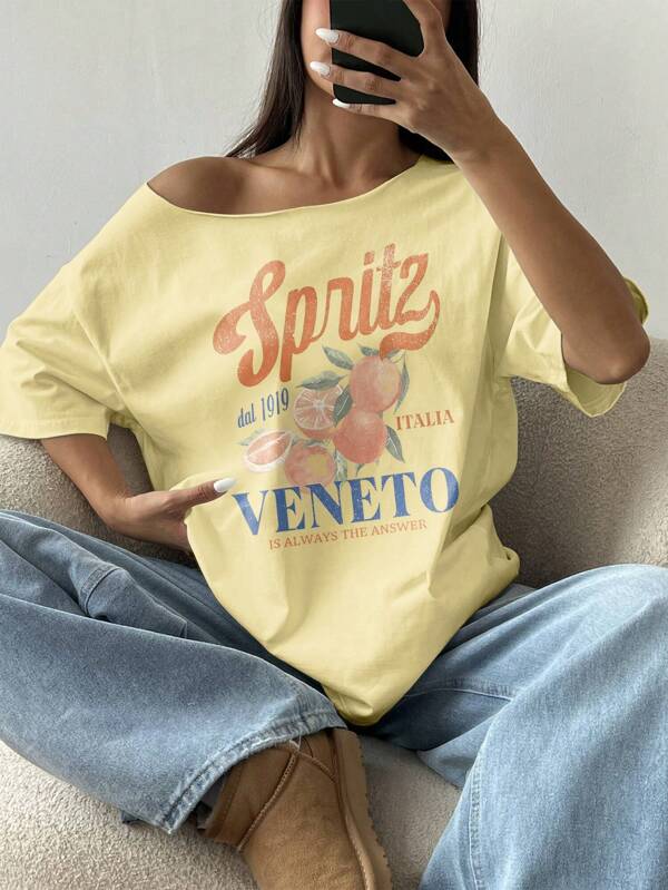 Plus Size Women's Summer Loose Asymmetrical Neck Cocktail Fruit Orange Graphic Oversized T-Shirt
