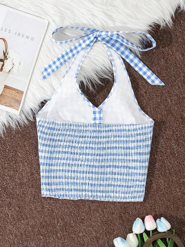 Hong Kong plaid cami bow vest, sexy backless sleeveless top for women