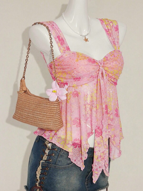 Women's floral asymmetrical hem cute floral shirt, sweet summer and autumn tops for women