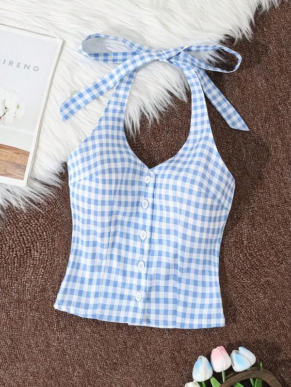 Hong Kong plaid cami bow vest, sexy backless sleeveless top for women