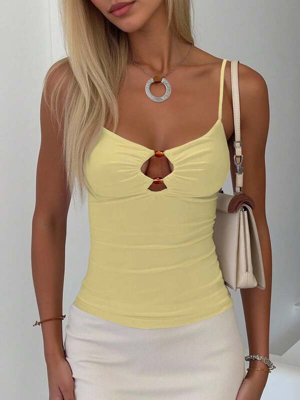Women's spaghetti strap beaded cutout casual slim tank top, summer