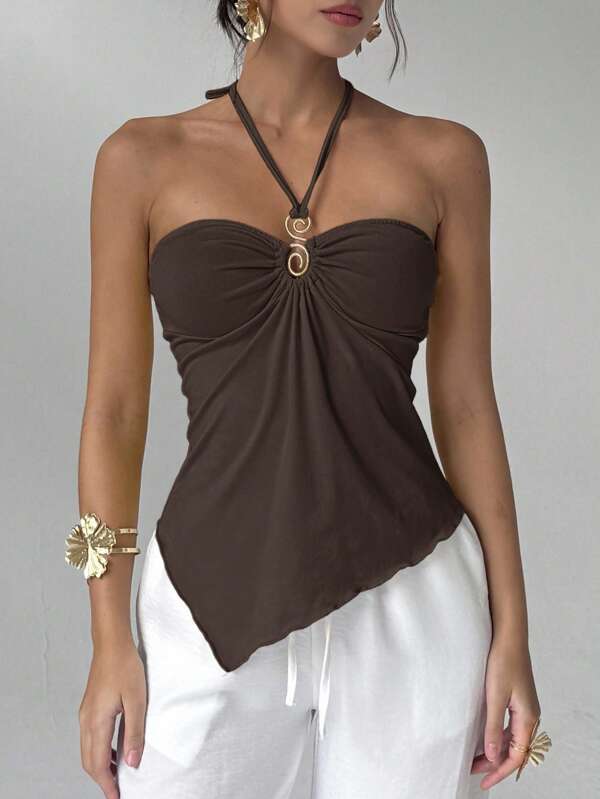 Women's summer fashion solid color asymmetric hem backless halter top, summer halter top, suitable for summer,...