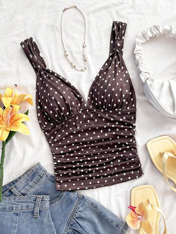Women's elegant holiday polka-dot knitted fabric twisted shoulder strap pleated slim-fit camisole, suitable for vacations, dates, afternoon tea, beaches, cruises, city trips, island vacations, music festivals, bohemian vacations and other occasions, and c