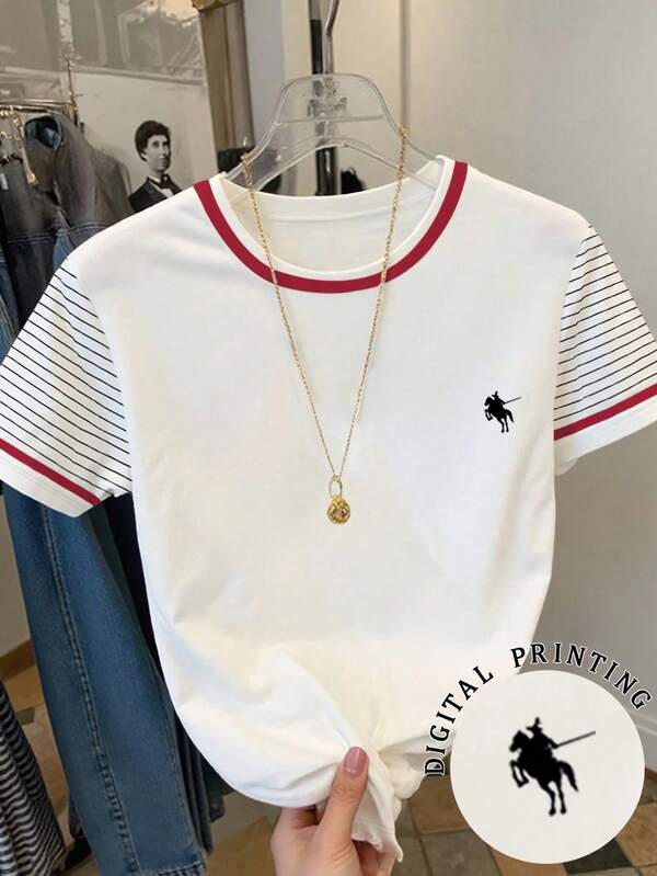 Women's Casual Striped Patchwork Short Sleeve T-Shirt, Summer