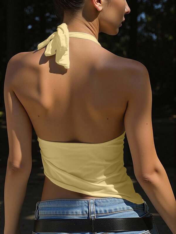 Summer Casual Solid Color Asymmetric Hem Halter Vest