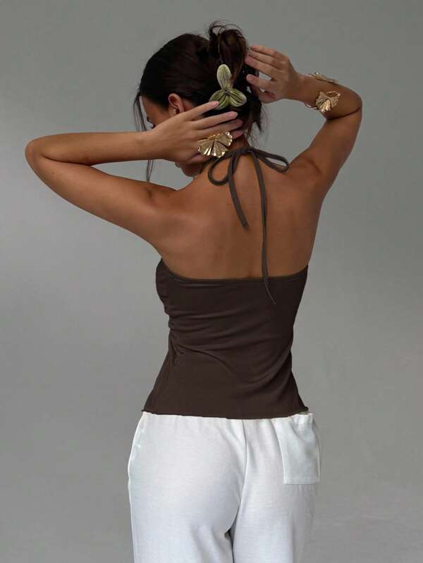 Women's summer fashion solid color asymmetric hem backless halter top, summer halter top, suitable for summer,...